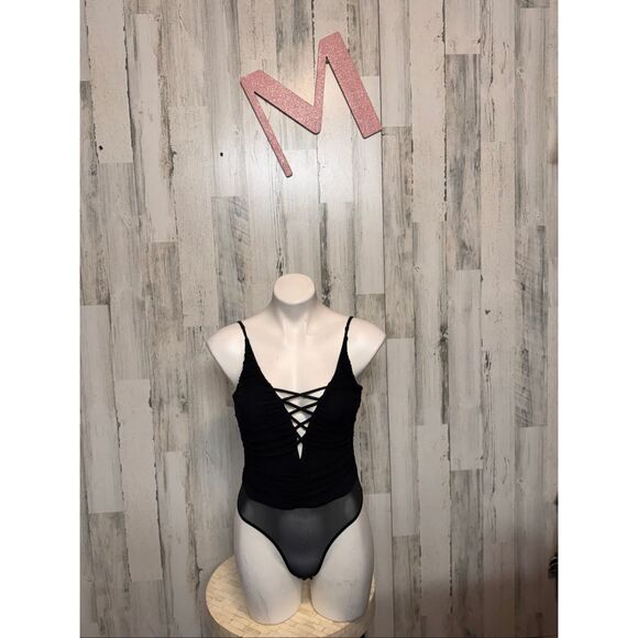 Windsor Black Lace Up Bodysuit Women’s M – Sheer Mesh Back, Ruched Front, Sexy N - Picture 1 of 8